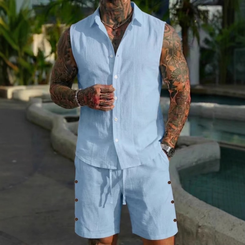 Short Linen Drawstring - Men's 2 Piece Linen Textured Sleeveless