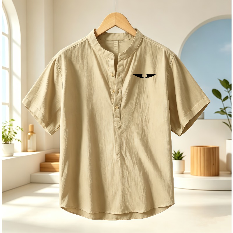 Linen Shirt Breathable - Men's cotton and linen Henley collar