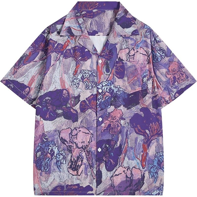 Resort Shirt Floral - Vintage Purple Oil Painting Iris Floral