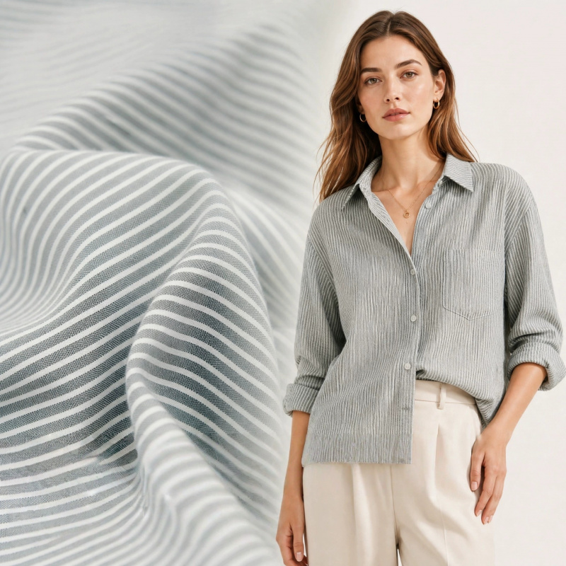 Linen Shirt Breathable - Japanese-style gray-white fine-striped breathable cotton-linen fabric
