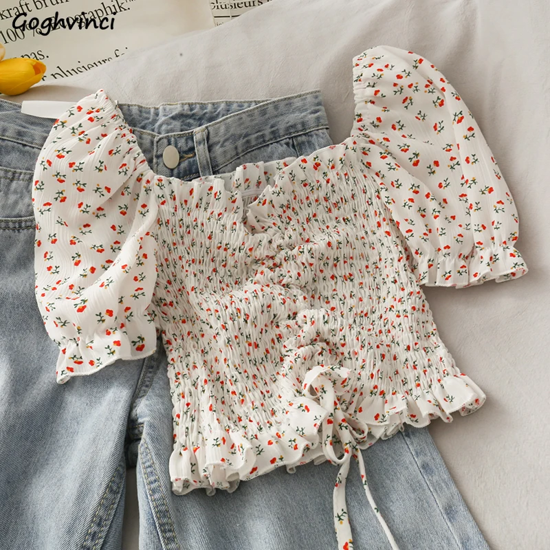 Short Linen Drawstring - Blouses Shirts Women Floral Drawstrings Ruffles