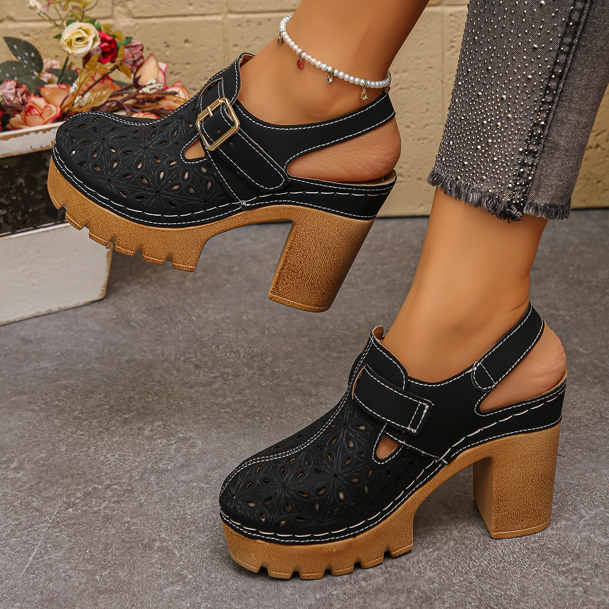 Casual Sandal Leather - Large Size Women's Thick Heel Sandals