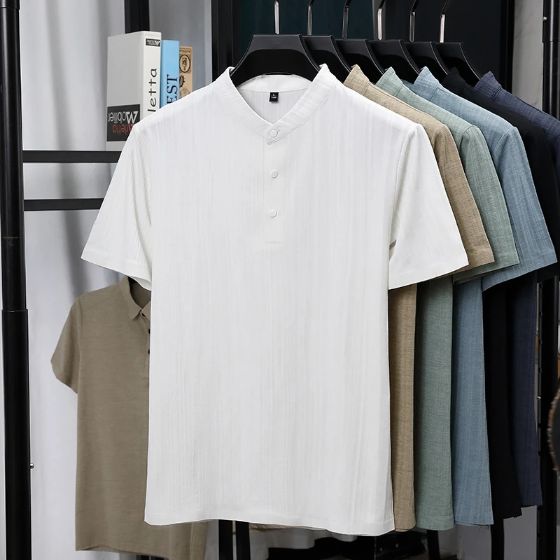 Mens Mandarin Collar Half Plac - Linen Shirt Breathable recension och pris