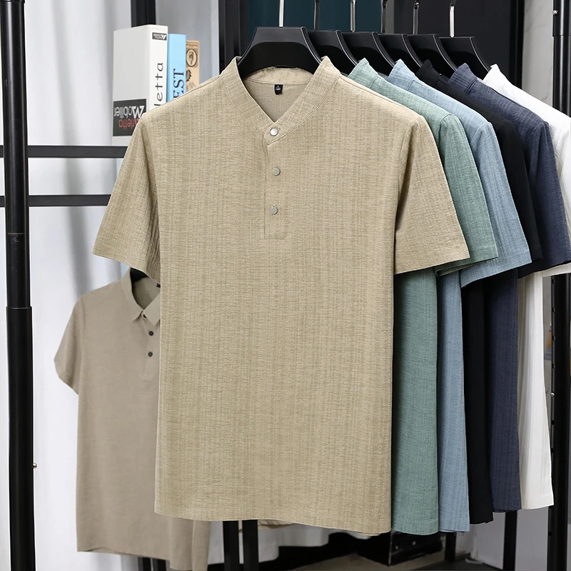 Mens Mandarin Collar Half Plac - Linen Shirt Breathable recension och pris