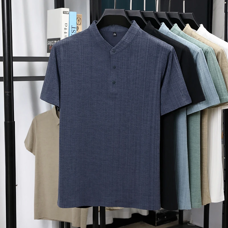 Mens Mandarin Collar Half Plac - Linen Shirt Breathable recension och pris